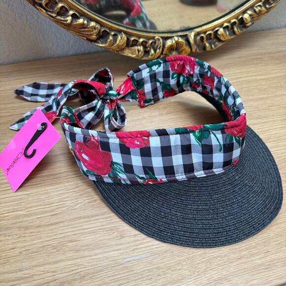 Betsey Johnson Sun Visor Hat Gingham Check With Red Roses - Picture 1 of 4